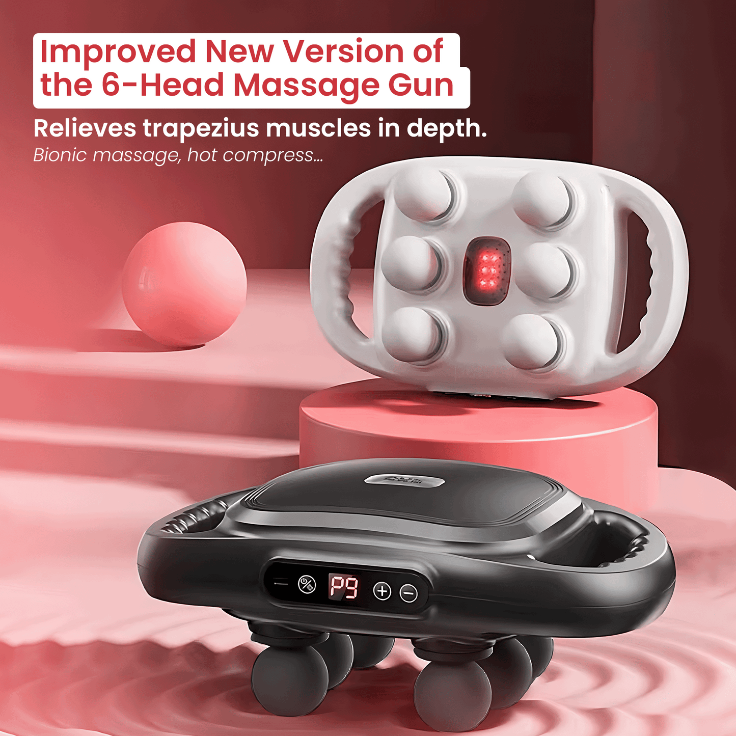 SYNXIN massage gun: 6 heads, cordless, LED, and powerful; tension relief and muscle recovery.